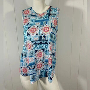 J. Jill Love Linen Tank Top Boho Print Wide Strap 100% Linen